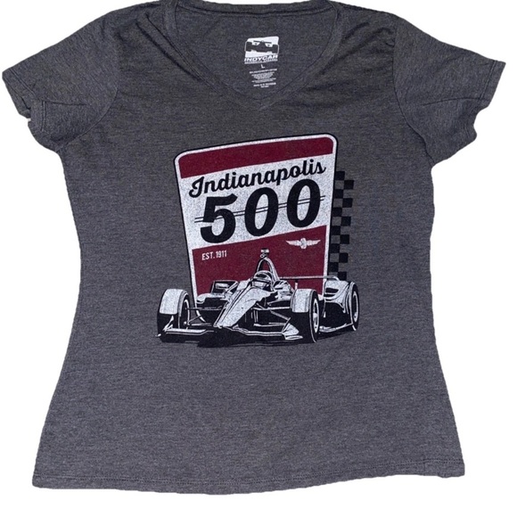 Indy Car Indianapolis 500 Gray Short Sleeve Graphic V-Neck T-Shirt Women’s Fit - Picture 1 of 3